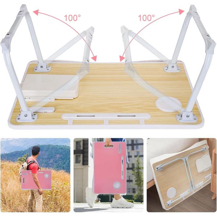 Стіл для ноутбука в ліжко, складний з USB, ручка, кишеня для карток, підсклянник, бічна шухляда, рожевий