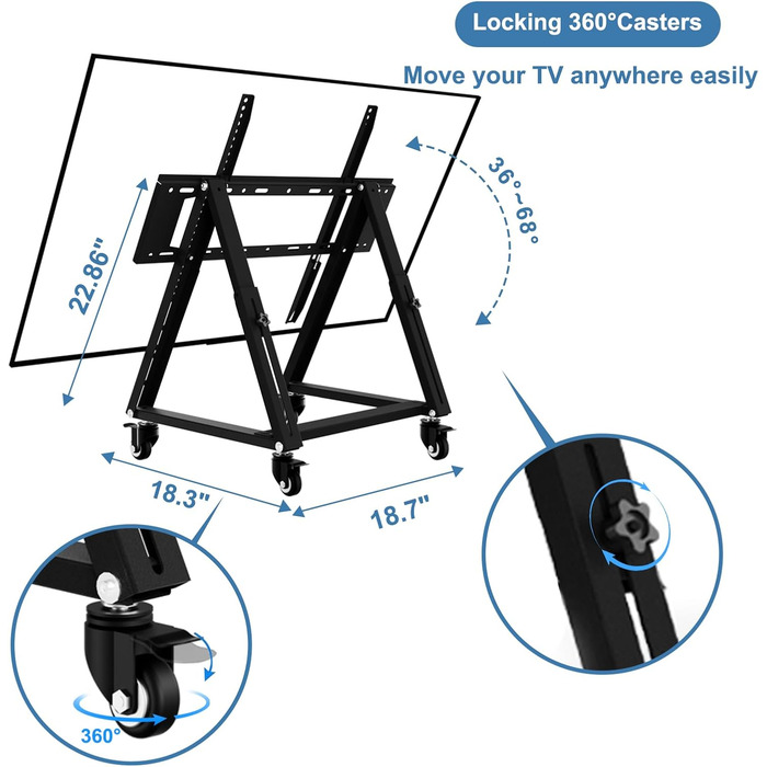 Мобільна підставка для телевізора з колесами, регульована по висоті, VESA 900x600, до 65 дюймів