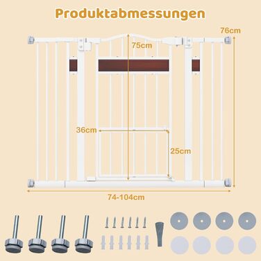 Захист для дверей Costway для собак, 74-104 см, 76 см заввишки, з маленькими дверцятами, 2 розширення, автозакривання та подвійний замок, без свердління, висувний захист для собак (білий)