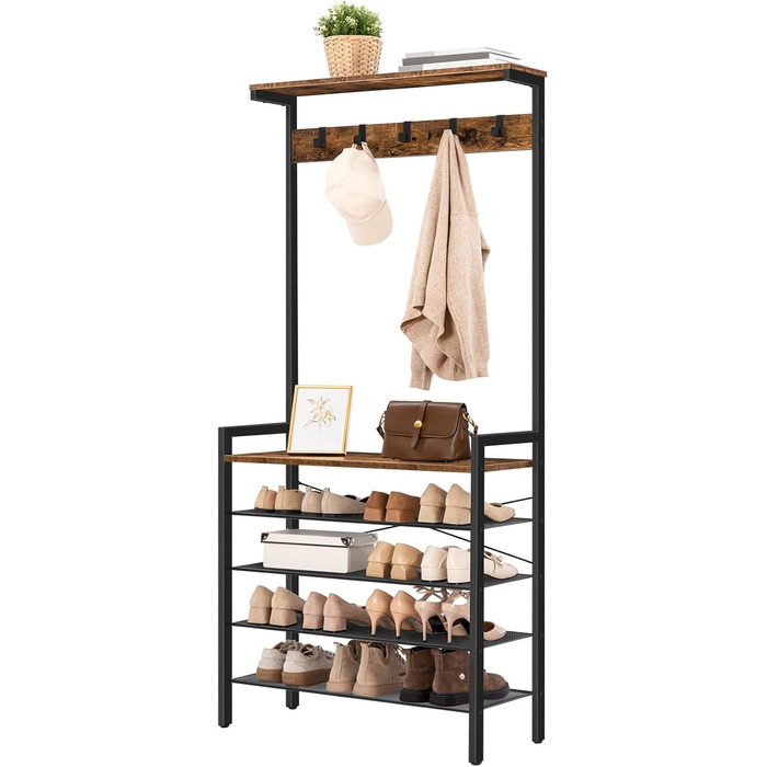 HOOBRO Coat Rack, 5-Tier Shoe Shelf, Wardrobe, Clothes Rack with 5 Removable Hooks, Top Shelf, Entryway, Living Room, Vintage Brown-Black EBF74MT01