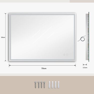 Дзеркало для ванної кімнати з LED-підсвічуванням Dripex, 50x70 см, сенсорне управління, протитуманне покриття, Bluetooth, розетка, 3 кольори світла