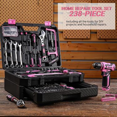 Акумуляторна дриль-шуруповерт DEKO 12V рожева: набір інструментів 238 шт. з акумулятором для дому та ремонту
