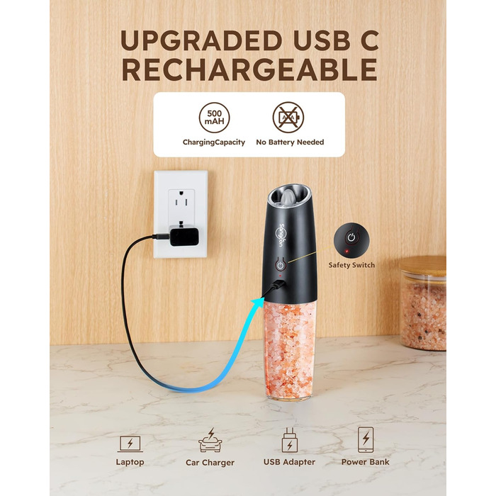 Електричний набір для солі та перцю Sangcon Gravity, 255г, USB-зарядка, LED-підсвітка, регулювання помелу, автоматичний млин (чорний)