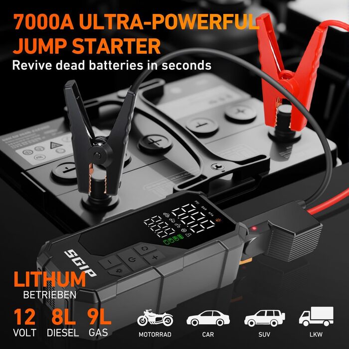 Пускозарядний пристрій для авто 7000A з компресором 150PSI, Powerbank 26800mAh для бензину (до 9л) та дизеля (до 8л), LED-ліхтар