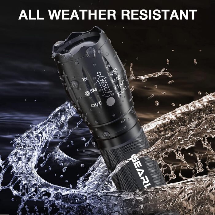 LED ліхтарик Gearlite 2 шт., 2000 люмен, 5 режимів, IP65, водонепроникний, для кемпінгу, туризму, дітей, чорний