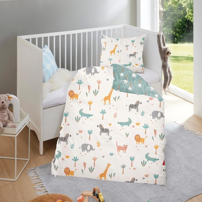 Дитяча постільна білизна комплект (2-частини) з 100% бавовни Oeko-Tex - ковдра 100x135 см та подушка 40x60 см з блискавкою. Дитяча постіль, дихаюча, регулює температуру, Сафарі з тваринами