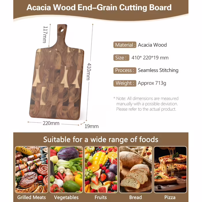XINZUO Cutting Board made of Acacia Wood 41 * 22 * 1.9cm Rectangular Serving Board with Handle, Chopping Board Cheese Grill Board Reversible Wooden Board for Kitchen, Snack Board, Breakfast Board