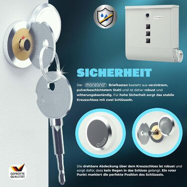 Поштовий ящик Monzana Kreuzschloss з мідним циліндром, поворотна кришка 31x10x34 см, вікно, табличка для імені, відділ для газет, сталь, 2 ключі, чорно-срібний (білий)