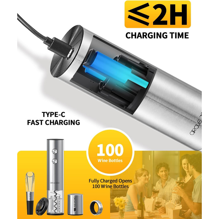 Електричний відкривачка вин CIRCLE JOY 6-в-1 з зарядною станцією, комплект з нержавіючої сталі, з обрізачем фольги, аератором та 2 вакуумними закривачами
