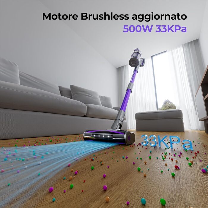 Бездротовий пилосос Vozascly X18: 33KPA, 500W, 65 хвилин роботи, 4-в-1, 4 рівні потужності, для підлоги, килима, шерсті тварин