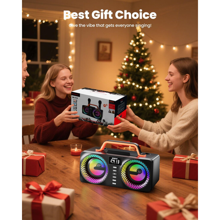 Караоке-машина для дорослих та дітей, портативна Bluetooth-система 80W – 2 бездротові мікрофони, регулювання ехо, USB/AUX-роз'єми, ідеальний подарунок для вечірок на природі