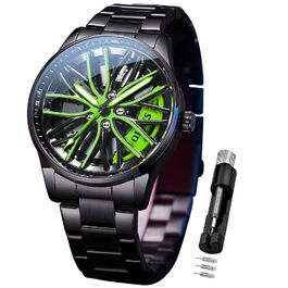 Чоловічий годинник OLEVS 9937 Кварцовий зі спортивним дизайном (диск колеса), сталь, водонепроникний, підсвічування, зелений