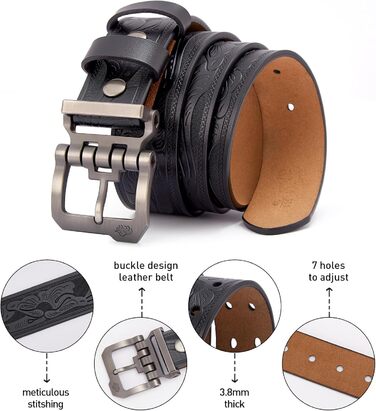 Шкіряний ремінь BISON DENIM для чоловіків, класичний пояс для джинсів та бізнес-одягу, ширина 38 мм, довжина 130 см (на талію 109-114 см), у подарунковій коробці