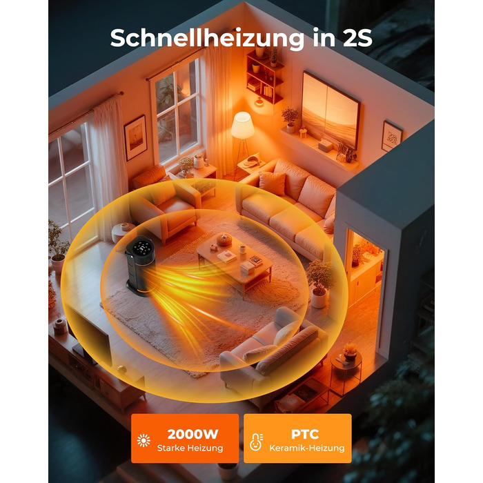 Електричний обігрівач 2000W з PTC-керамічним нагрівачем, тихий, з пульт дистанційного керування, таймером, поворотним механізмом 70° та LED-дисплеєм. Підходить для офісу, спальні, ванної кімнати, дому. Чорний, без полум'я.