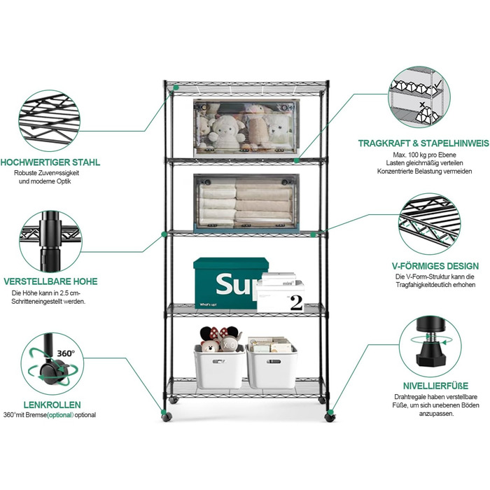 Nilpferd® Metal Wire Shelving Unit - 5 Shelves (89x39x179cm)