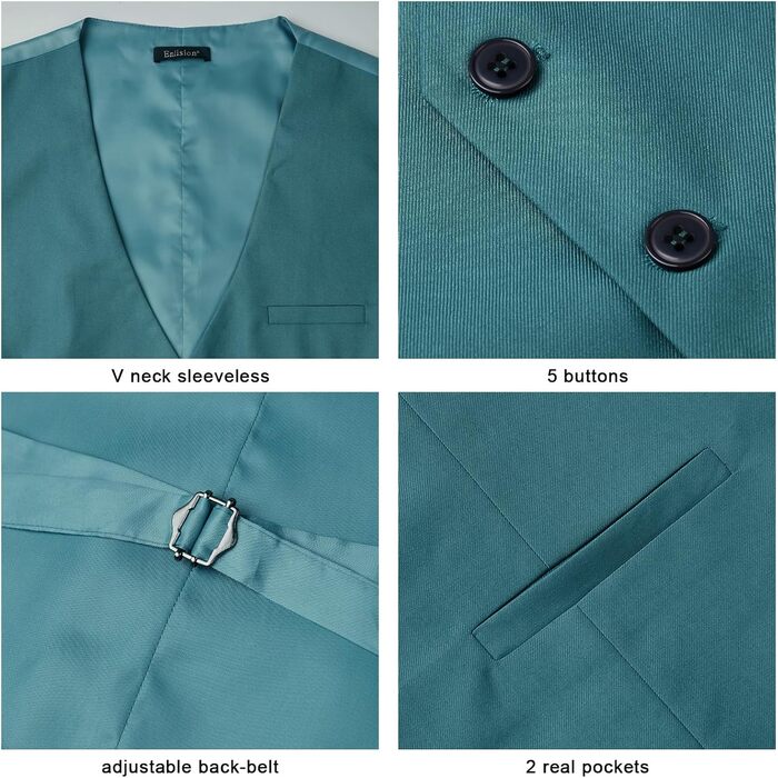 Жилет для чоловіків Enision: однотонний, з кишенями, для весілля, діловий стиль, розміри XS-4XL (4XL, блакитно-зелений)