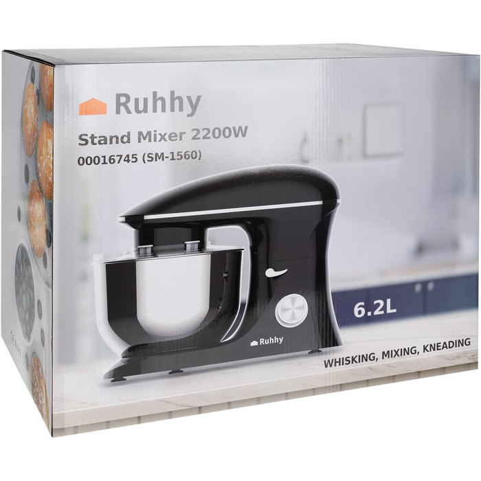 Stand mixer with bowl for cakes and bread with baking accessories. Various models also include a meat grinder and blender. 16746