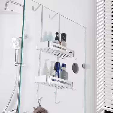 MOGFCT Shower Shelf for Hanging, Bathroom Shower Storage, Over-the-Door Hanging Shower Shelf, Stainless Aluminum Shower Shelf, Bathroom Shelf with Hooks (Double Silver)