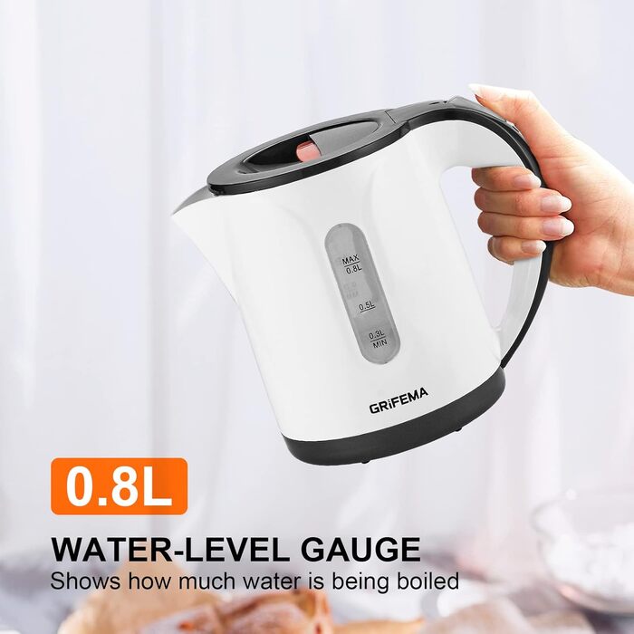 Електричний чайник GRIFEMA 0.8L, 1100W з фільтром від накипу, без BPA, автоматичне вимкнення, захист від перегріву, білий пластик
