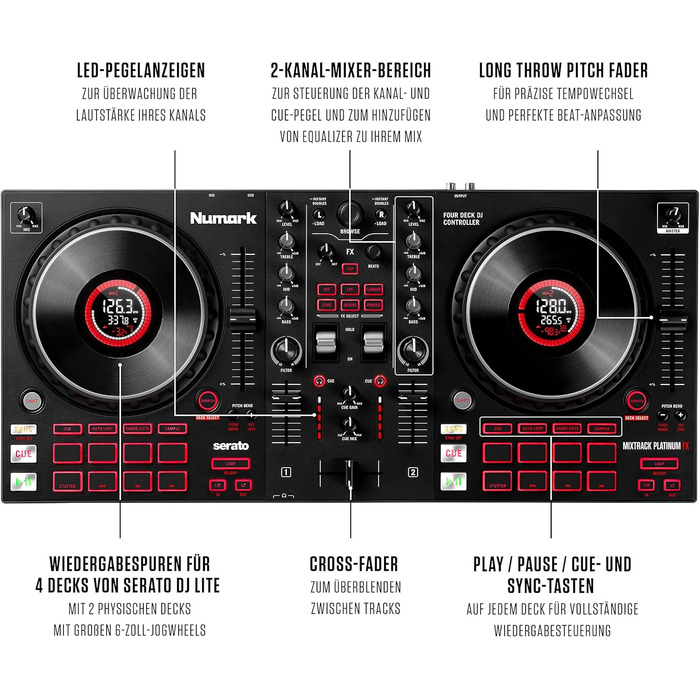 Numark DJ Pro Paket Platinum FX: DJ контролер з 4-дековим управлінням, аудіоінтерфейсом, дисплеями Jogwheel та ефект-педами, HF175 навушники (40 мм драйвер)