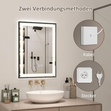 Дзеркало YOURLITE з підсвічуванням 70x50 см, LED дзеркало для ванної кімнати з годинником, сенсорне керування, 3 кольори світла, регулювання яскравості, антизапар, пам'ять, срібний (чорний-5070)