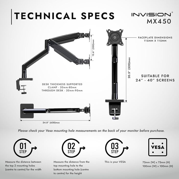 Кріплення для монітора Invision MX450: регульований кронштейн для моніторів 24'-40' VESA 75/100mm, 2-15 кг