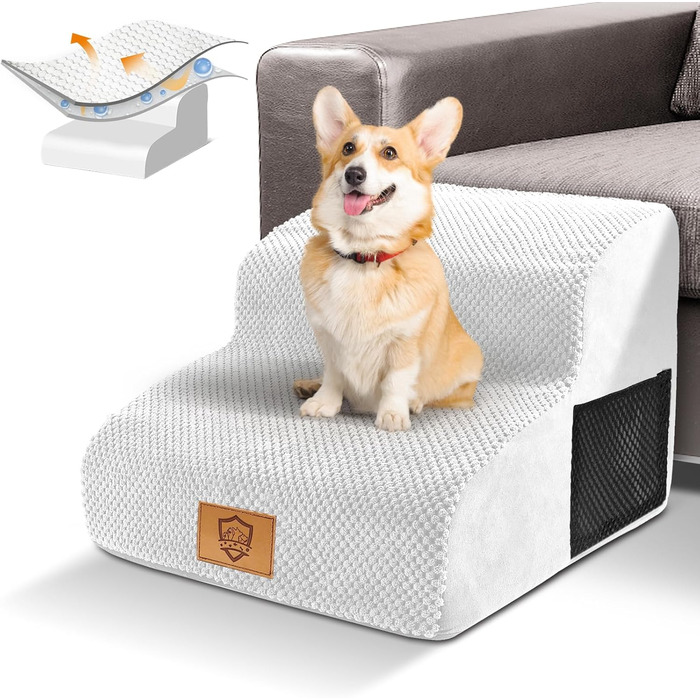 2-Step Dog Stairs, 40cm Cat Stairs with Washable Cover, Dog Stairs for Small Dogs, Pet Stairs for Dogs and Cats, Cat Stairs for Senior Cats, Black (2-Step White Dog Stairs)