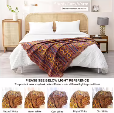 Large throw blanket in Bohemian style with tassels, 100% hand-woven cotton, knitted, chair cover for seats, sofas, couches, and beds (130 x 180 cm)