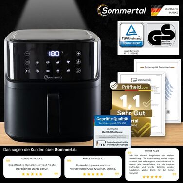 Фритюрниця повітряна Sommertal HF760-7,6L XXL з сенсорним екраном, 8 програм, 2000 Вт - енергозберігаюча та здорова, велика фритюрниця