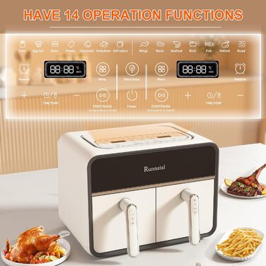 Runnatal Dual Zone Hot Air Fryer with Viewing Window, 8L Airfryer, 2100W, 2 Compartments, 14-in-1 Double Chamber Hot Air Fryer with Vegetarian and Meat Pots, 2 Chamber Airfryer, Non-Stick Coating
