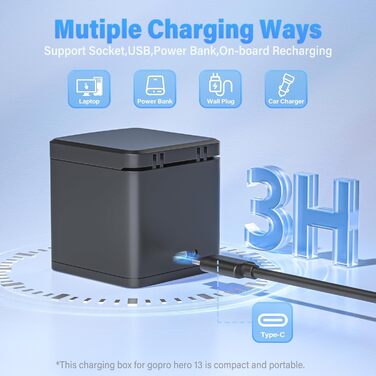 Акумулятор для GoPro Hero 13 (2 шт.) 2100mAh + Тризарядний USB-пристрій для зарядки - Сумісний з екшн-камерою Hero 13 Black
