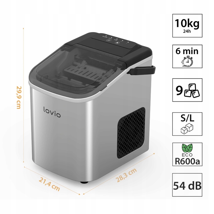 Льодогенератор Lovio сріблястий, 112 Вт, 10 кг/24 год, регулювання розміру льоду
