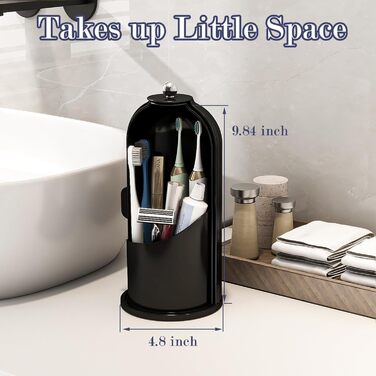 Dustproof Toothbrush Holder with Cover, Rotating Holder for Electric Toothbrush and Toothpaste for Bathroom Countertop, 3 Compartments, Makeup Brush Organizer, Completely Black