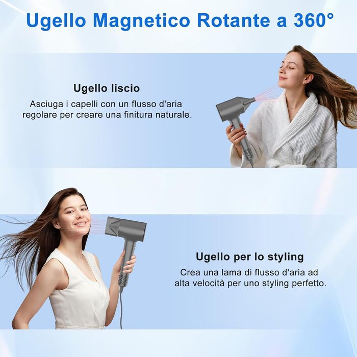 Фен для волосся з плазмою та безщітковим мотором 110 000 об/хв – швидке сушіння, тиха робота, з магнітною насадкою, для дому та подорожей (темно-сірий)