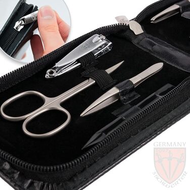 Набір для догляду за нігтями DREI SCHWERTER 'Novara' - 8 предметів. Чорний кейс з штучної шкіри. Містить: ножиці для нігтів, стекляна пилка, ножиці для кутикули, пінцет, кусачки для нігтів та інше. Чорний, матові інструменти