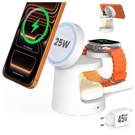 Зарядна станція GEEKERA Qi2.2 25W 3-в-1 з нічником, MagSafe сумісна, для iPhone 12-17, Apple Watch 2-11, AirPods + 45W GaN адаптер (Матовий білий)