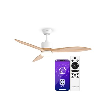 Стельовий вентилятор Klarstein SkyBreeze з підсвічуванням та керуванням для вулиці (IP44), 6 швидкостей, димування, 132 см, колір клен, Smart