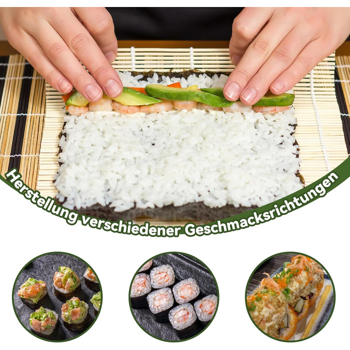 Набір для приготування суші на 10 порцій: 3 бамбукові мати, 5 пар паличок, ніж та ложка для рису. Для початківців та професіоналів