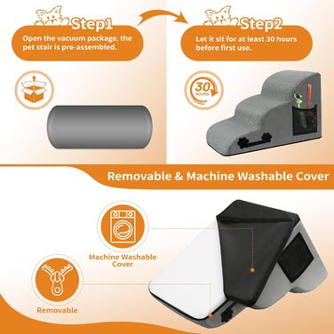 Сходинки для собак, 3 сходинки, з щільного матеріалу, для маленьких собак та котів, знімний чохол, іграшка-канат, легкі та портативні, сірі.