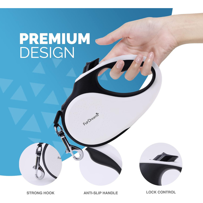 Рулетка для собак FurDreams – міцна висувна повідка 5 м | Зручна ручка з блокуванням | Міцний нейлоновий трос, що не заплутується | Кріплення для нашийника (велике) | Білий, великий