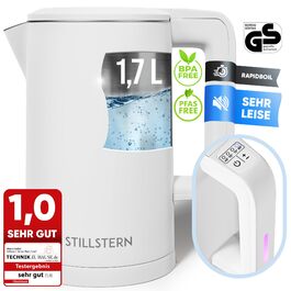 Електричний чайник Stillstern з регулятором температури (40-100°C), 1.7 л, 2200 Вт, функція підігріву 12 год, нержавіюча сталь, білий
