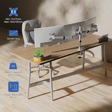 Підставка для монітора PUTORSEN на 3 монітори - сумісна з LCD/LED телевізорами 13'-27' (33-68см), вантажопідйомність 7 кг на монітор, регулювання на 180°, поворот 360°, регулювання висоти, білий колір