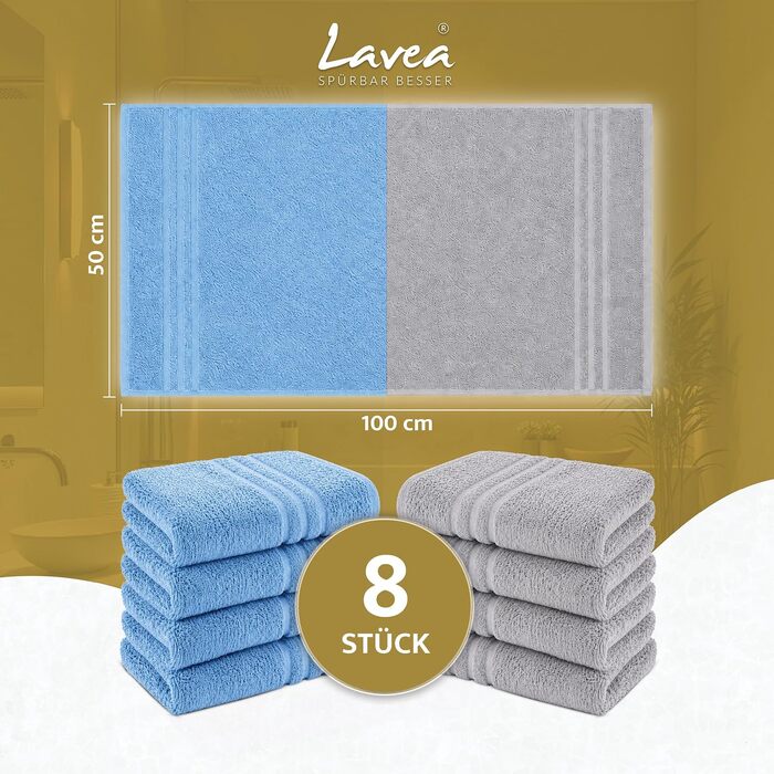 Набір махрових рушників Lavea Elena, 100% бавовна, гігроскопічні та м'які, 8 шт, 50x100 см (Дельфін-синій та сріблястий)