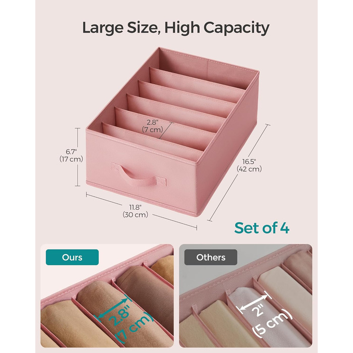 SONGMICS Set of 4 Drawer Organizers, 6 Compartments, Closet Organizer, Foldable, Clothes Organizer, 41.5 x 30.8 x 17.8 cm, for Pants, Clothing, URUS009G04 (Jelly Pink)
