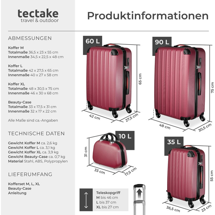 Набір валіз Tectake 4-TLG: міцні валізи з колесами 360°, TSA-замком, великий об'єм, роздільний внутрішній простір, ручна валіза на телескопічному стійці - шампань (винно-червоний)