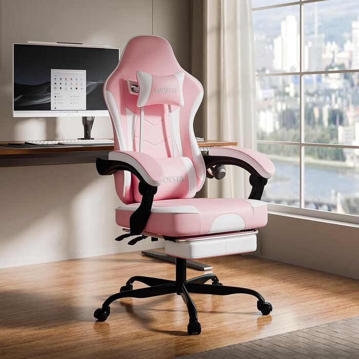 Ігрове крісло Gaming Chair з підніжкою та ергономічною підтримкою попереку, регульована спинка 90-135°, офісне крісло для геймерів, рожево-біле