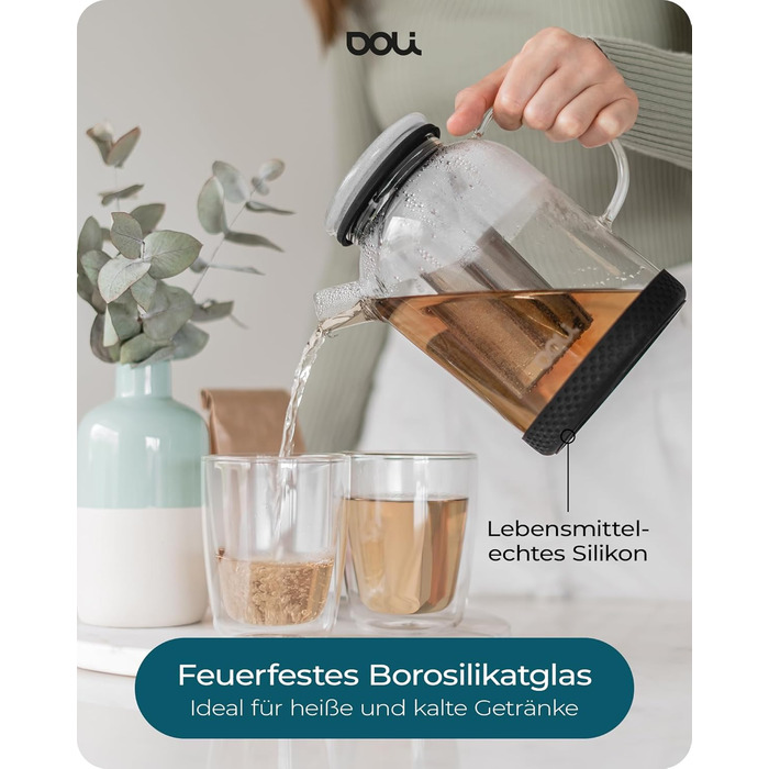 Скляний чайник Doli 1,5 л з сіткою з нержавіючої сталі, чорний — для гарячих та холодних напоїв, підходить для посудомийки, BPA-free