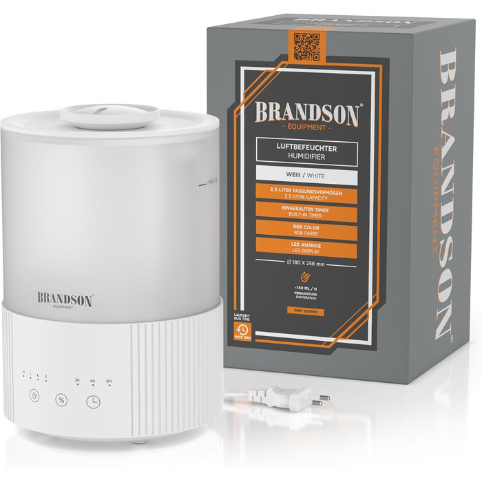 Зволожувач повітря Brandson з дисплеєм, 2.5 л, 3 режими, регулювання вологості, тихий, LED-підсвітка, таймер, режим сну, для вітальні та спальні