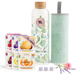 waterdrop® Mother's Day Gift Set - Glass Bottle 1 Liter incl. 18 sugar-free Drops - Gift for Women - Sampler Pack with Water Bottle, Flavor Drops & Vitamins - Carbonated Water Suitable Bottle