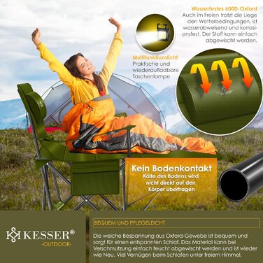 Кесер® Складне ліжко-стілець для кемпінгу 2в1 | Стілець для риболовлі | З підсвіткою та тримачем для напоїв | 160 кг | Хакі/Чорний
